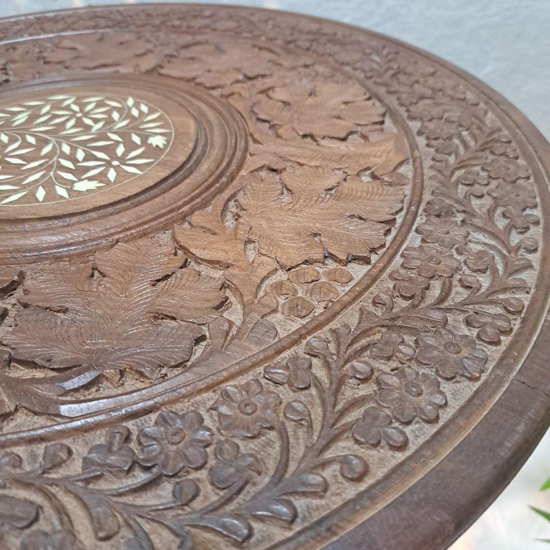 手彫り 木製 サイドテーブル 花台 八角形