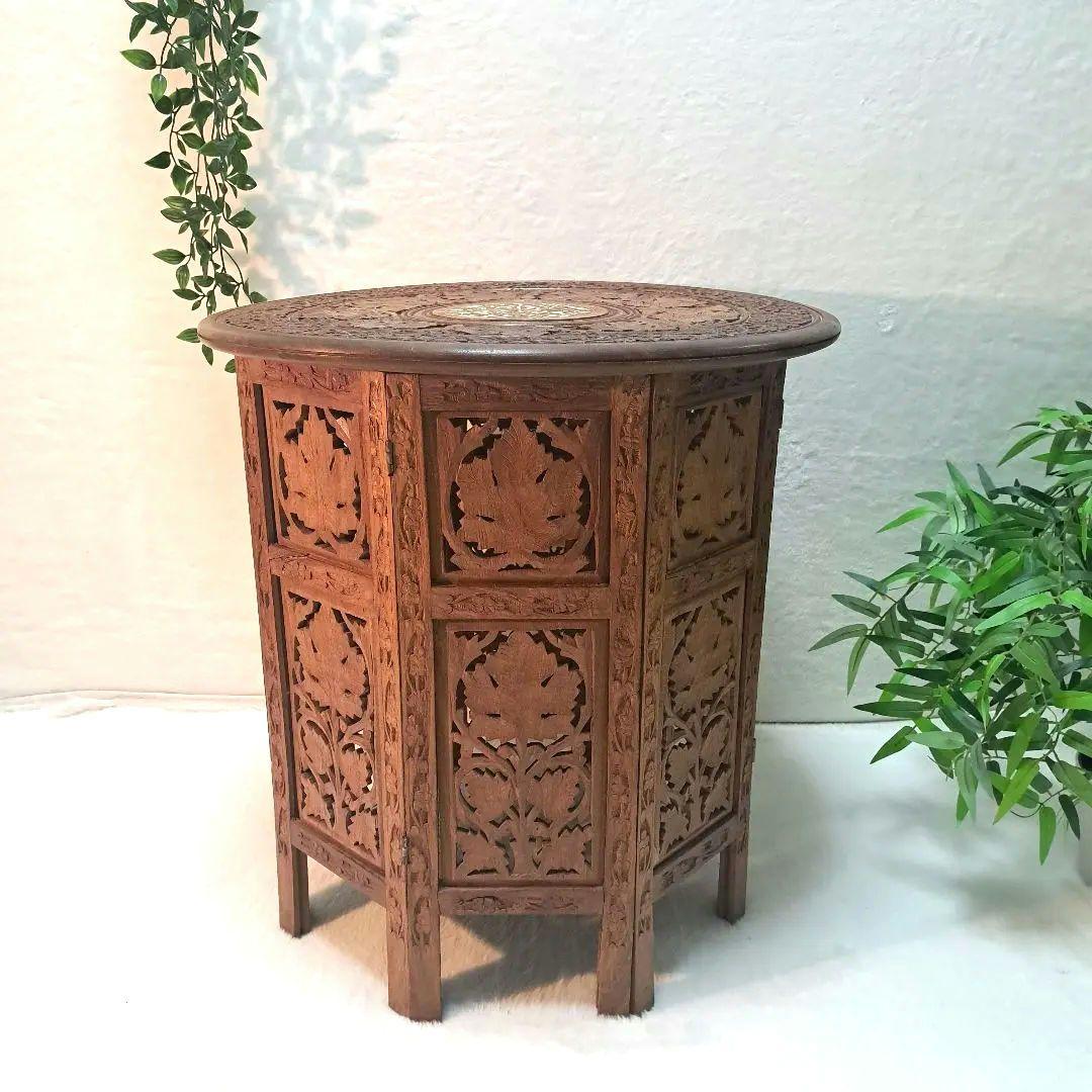 手彫り 木製 サイドテーブル 花台 八角形