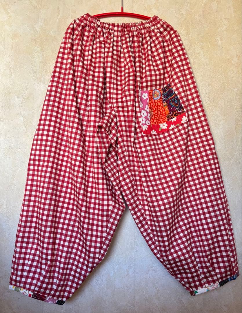 ちくちくもんぺパンツ パッチワーク ギンガムチェック赤