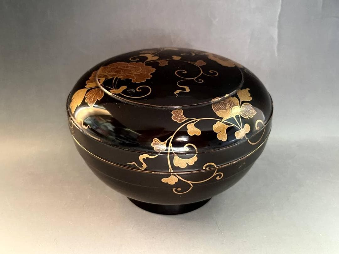 喰籠●黒塗り漆器総蔓薔薇紋蓋物（江戸期）盛器 盛鉢 菓子器 時代物 骨董品●