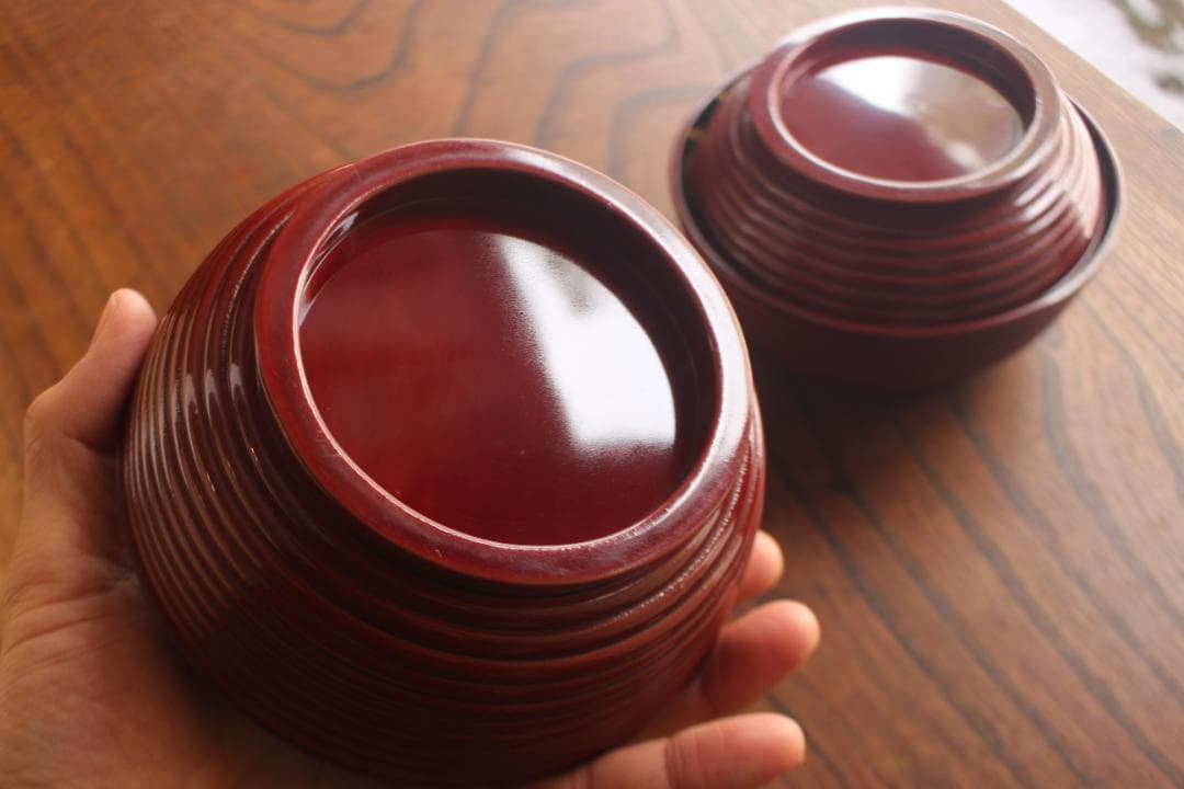 極小保管傷のみ！深みある糸目紅溜塗に極上稲穂福来雀蒔絵のお椀2点（検輪島塗雑煮椀