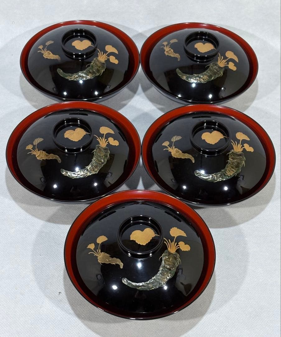 輪島塗　天然木　わさび蒔絵 煮物椀 五客　美品　茶道　懐石　送料込