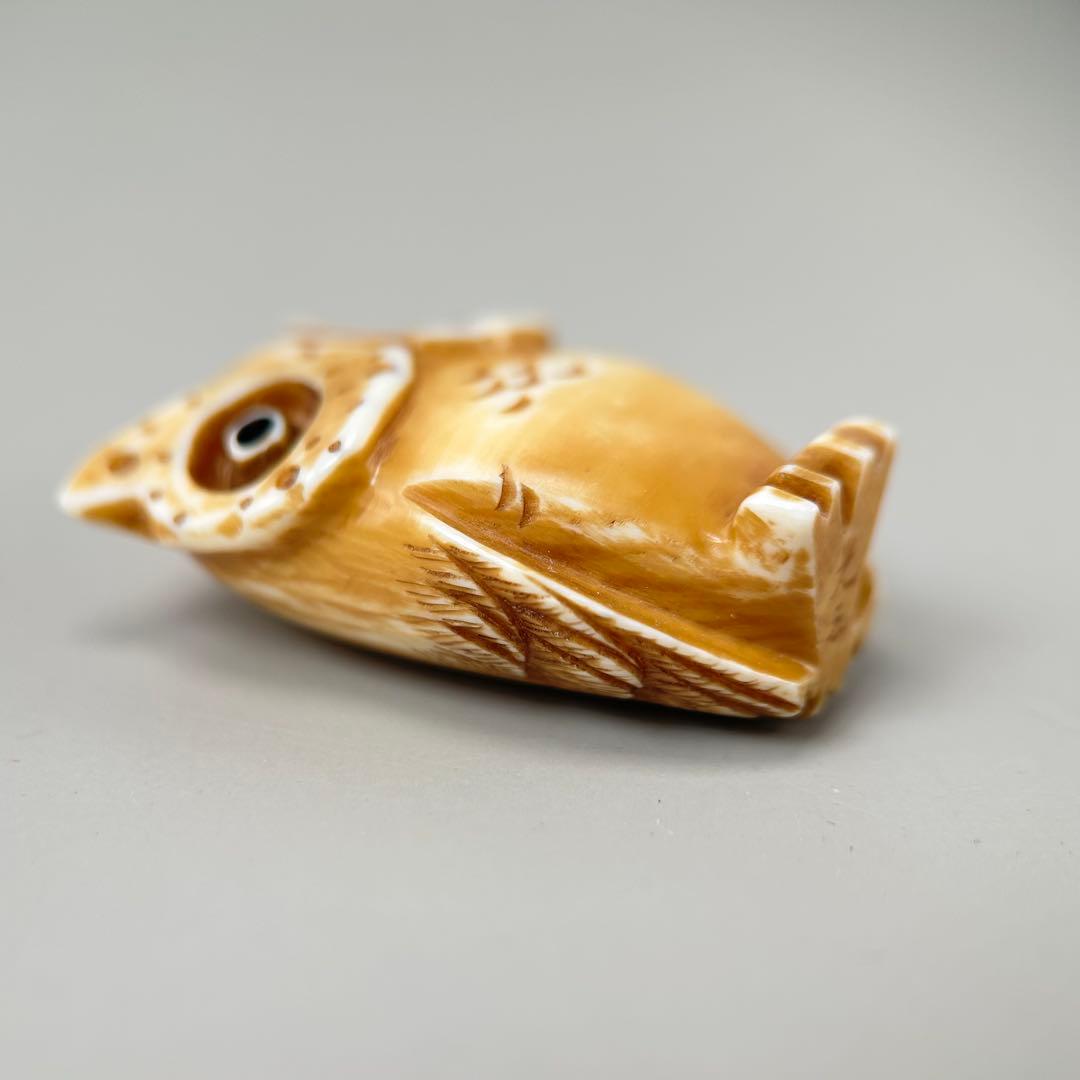 フクロウの置物彫刻極上根付天然素材アンティーク骨董飾り物古美術置物細密細工