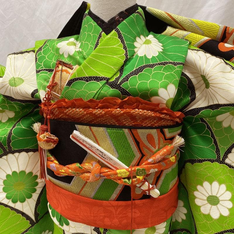 511ag46◎七五三 七歳 女児 着物&袋帯 総柄 金駒刺繍金彩 青海波 緑◎