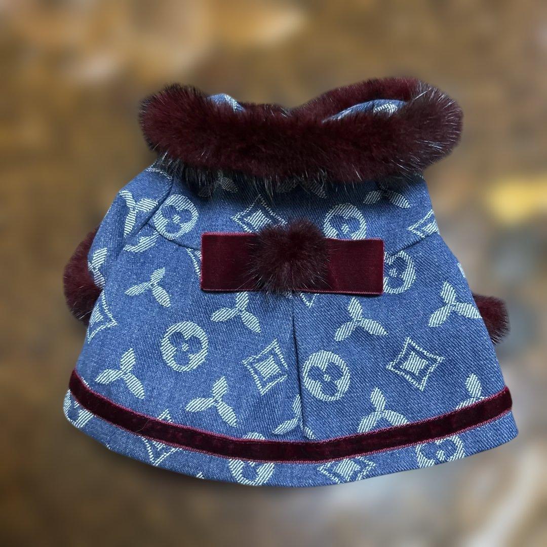 犬服 デニム ミンク付き コート