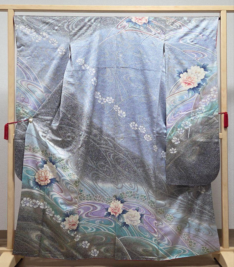 B5作家物 牡丹の花模様 金彩 金駒刺繍 たたき染 袷 正絹 振袖 着物 成人式