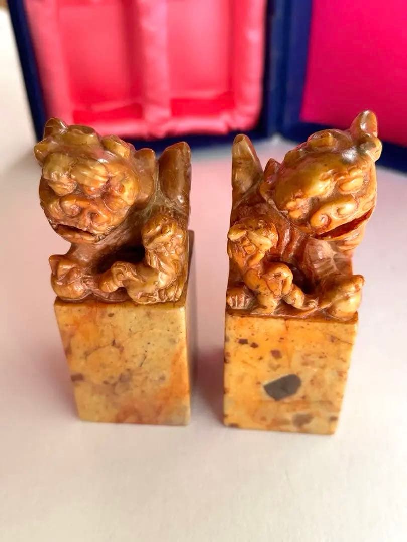 【希少】獅子鈕紅芙蓉橙石印材　印石　印材　中国　2個セット　箱入り