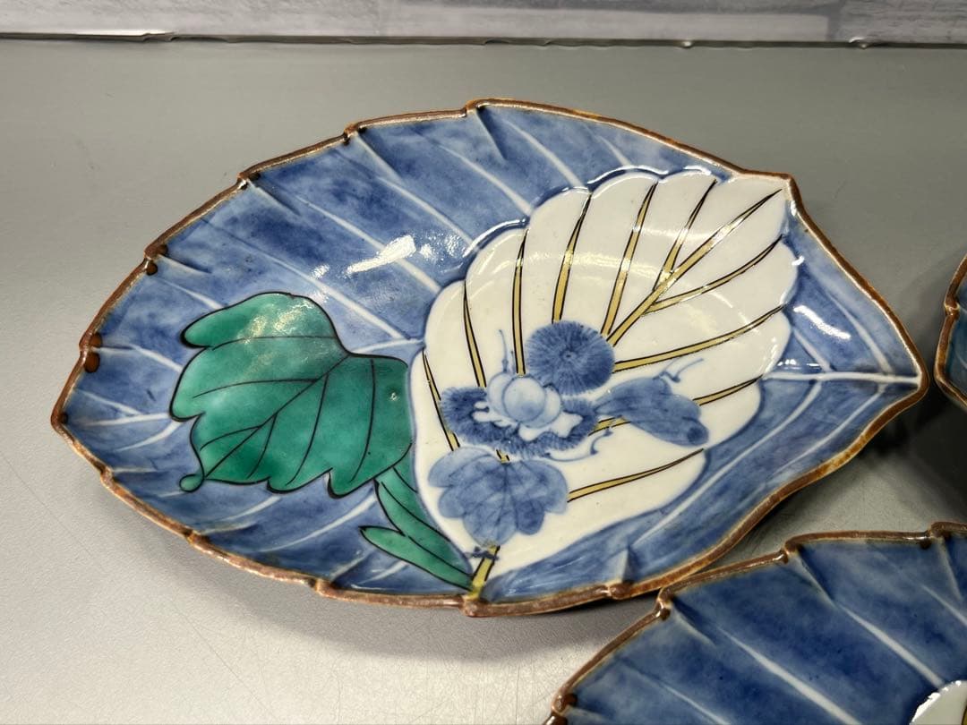 時代　二重角福　柿右衛門手　色絵　変形皿　五枚　 逸品です！