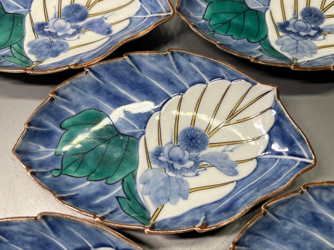 時代　二重角福　柿右衛門手　色絵　変形皿　五枚　 逸品です！