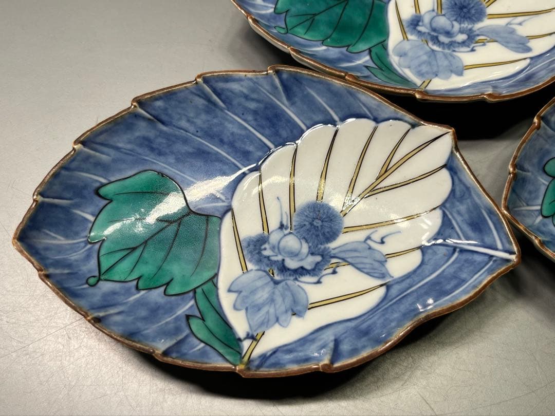 時代　二重角福　柿右衛門手　色絵　変形皿　五枚　 逸品です！