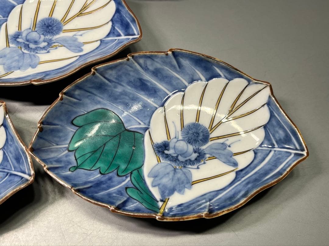 時代　二重角福　柿右衛門手　色絵　変形皿　五枚　 逸品です！