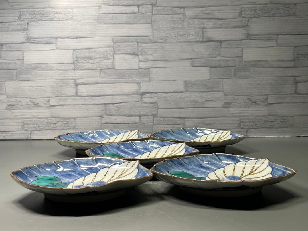 時代　二重角福　柿右衛門手　色絵　変形皿　五枚　 逸品です！