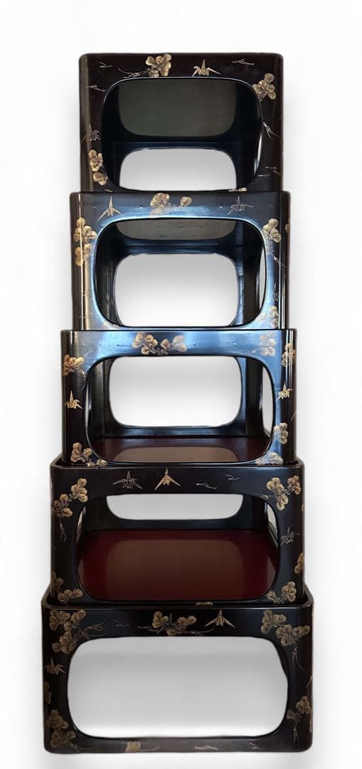 輪島塗 脚付膳 入れ子　５客 明治期 廣盆 漆器 蒔絵 黒朱塗沈金 漆塗