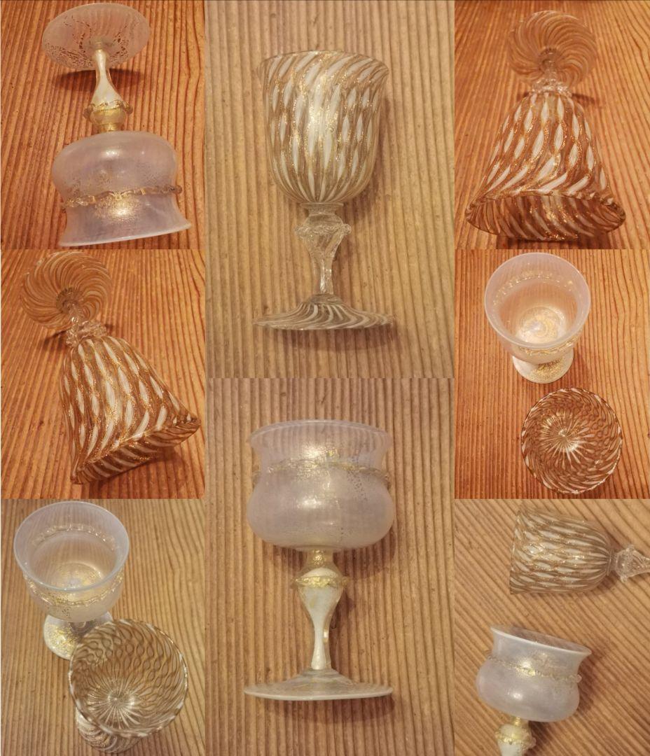 アンティーク ヴェネチアンガラス ムラーノグラス金彩ペア✧オパールセント＆レース