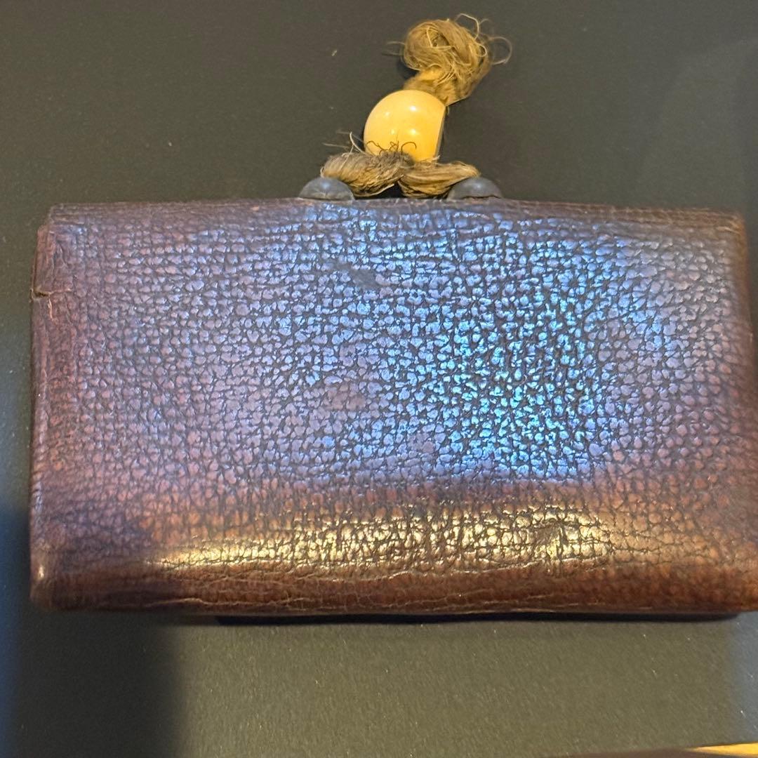 煙草入れ 道中財布様 金細工 牙根付 革製 江戸期 年代物