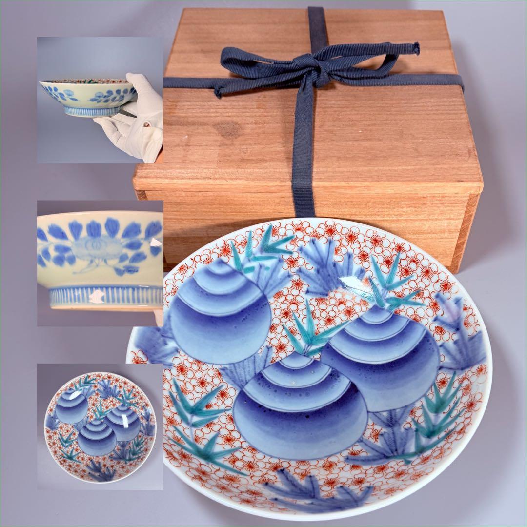 後期鍋島　献上品　色絵宝珠文高台皿　櫛文様高台　共箱　赤絵　桜文様