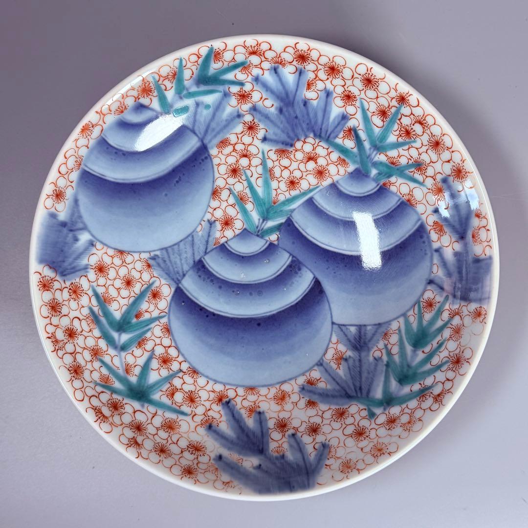 後期鍋島　献上品　色絵宝珠文高台皿　櫛文様高台　共箱　赤絵　桜文様