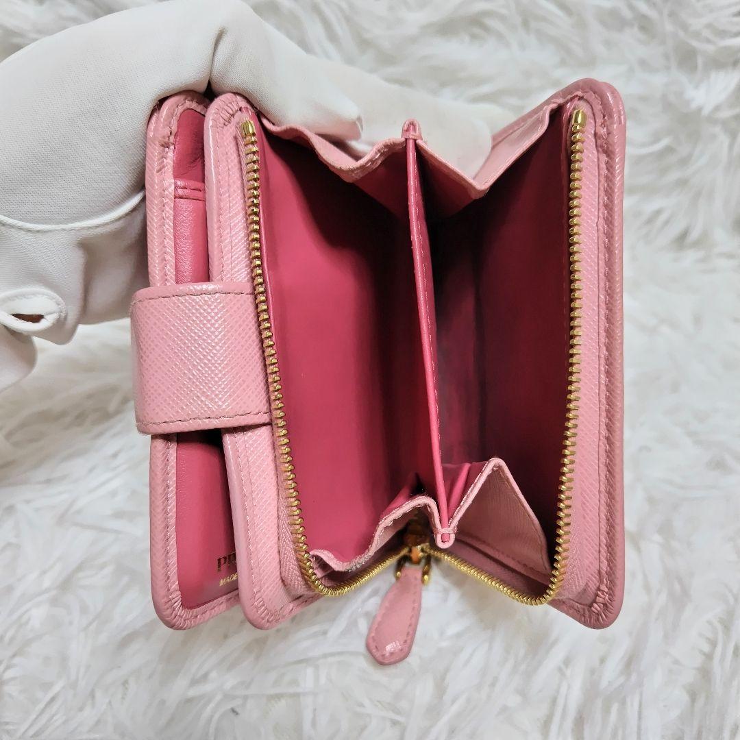 レア美品✨プラダ◇バイカラーミディアムコンパクト二つ折り財布　りぼんピンク