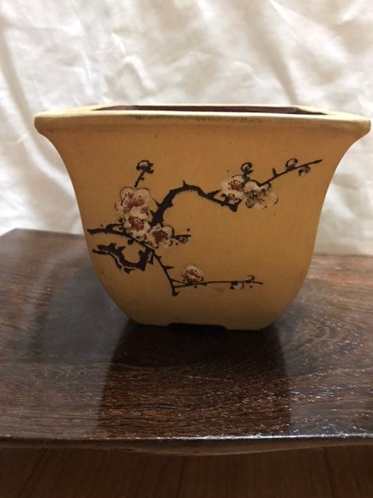 盆栽鉢　時代小品盆栽鉢白正方鉢梅図竹図中国