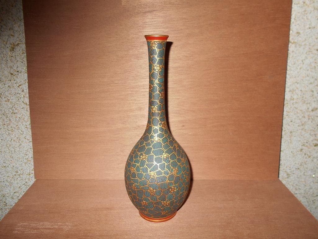 【 九谷焼　未使用 】 九谷焼　氷梅二青粒　鶴首　花瓶　晴山　細密青粒　寺山晴山