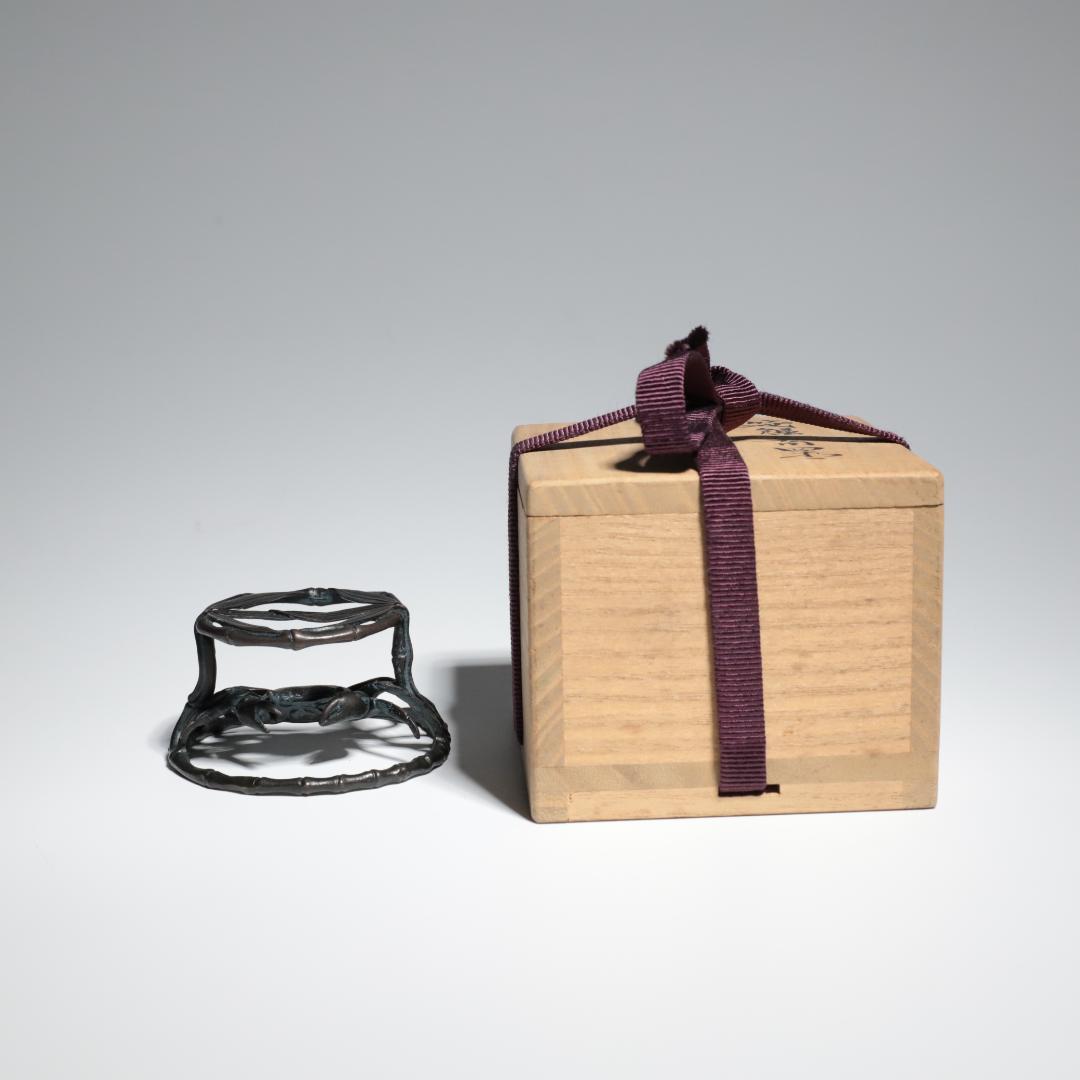 籠蟹 蓋置 置物 銅器 共箱 共布 骨董 時代物 古道具 240322DZ20