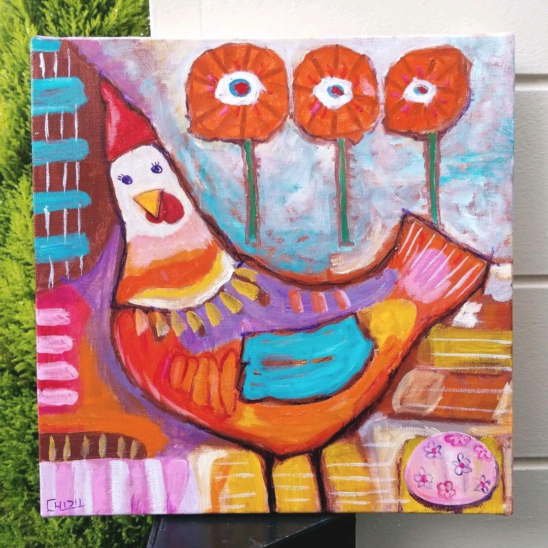 キャンバス油絵　 専用　ごきげんなめんどり♪♪