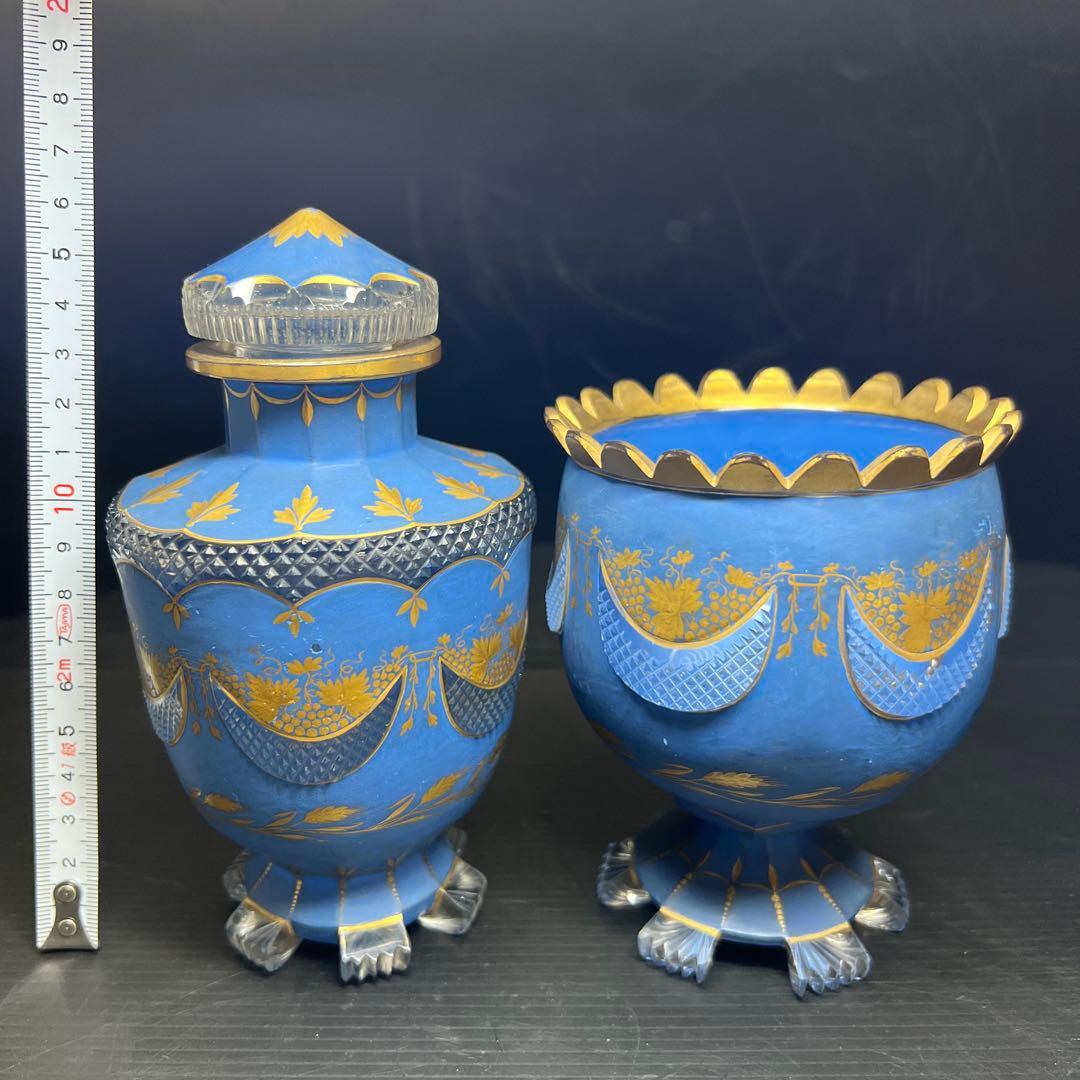 19世紀オールドベネチア　金彩手彫切子デキャンタ、グラスセット　共箱