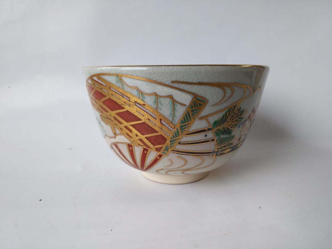 京焼 松香窯 加藤松香 作 仁清 扇面流し 共箱 茶道具 抹茶碗 新品 未使用