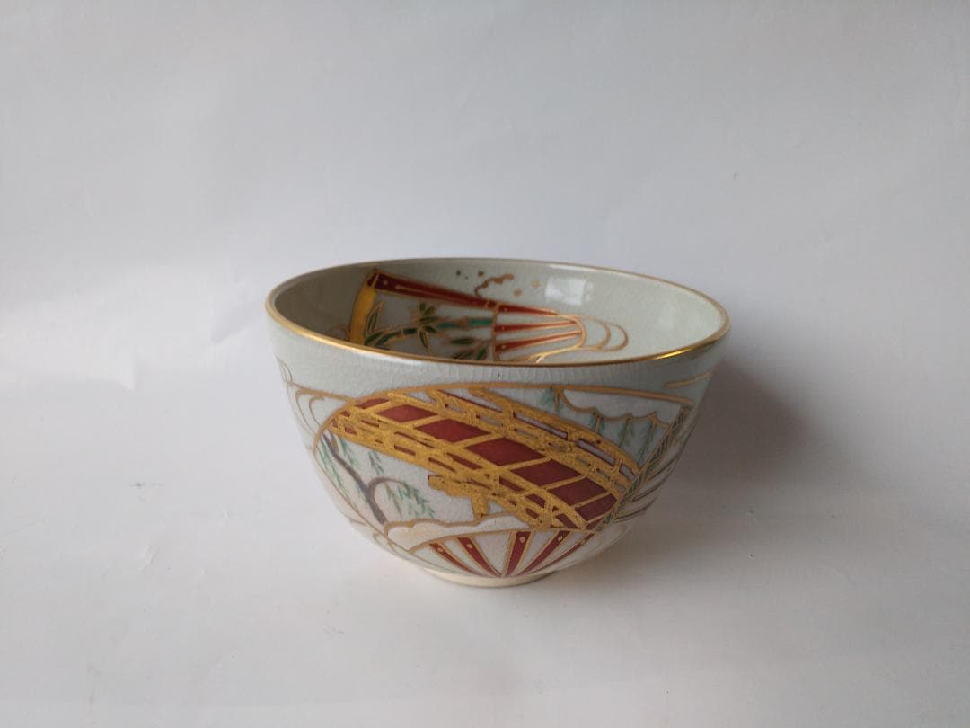 京焼 松香窯 加藤松香 作 仁清 扇面流し 共箱 茶道具 抹茶碗 新品 未使用