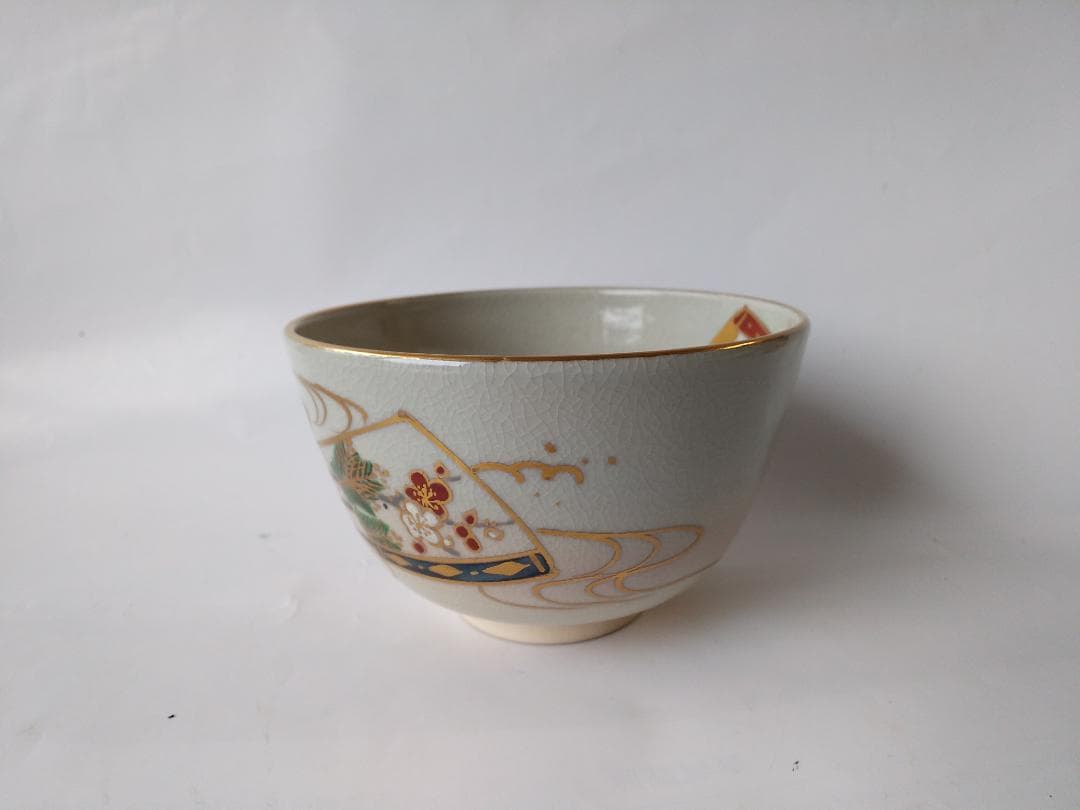 京焼 松香窯 加藤松香 作 仁清 扇面流し 共箱 茶道具 抹茶碗 新品 未使用