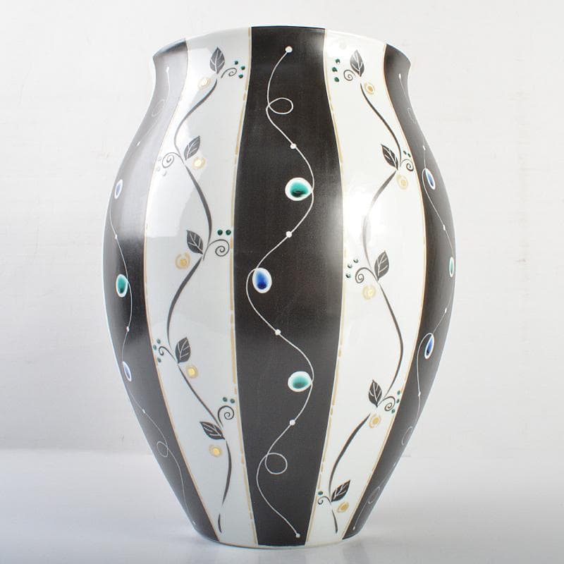 九谷焼　椿窯　吉田洋子作　黒釉金彩　花器　共布共箱　M　R6948B