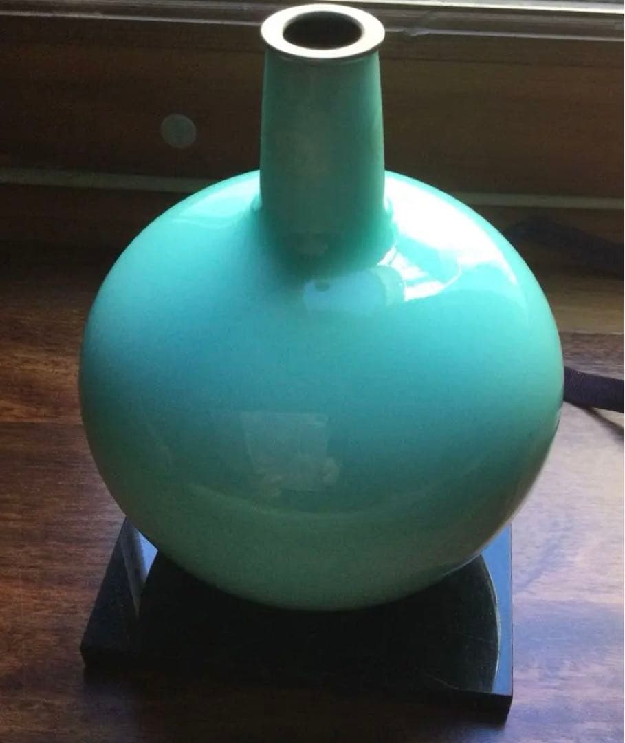 安藤七宝店製、青玉釉唐草文花瓶、一輪挿し、箱付き