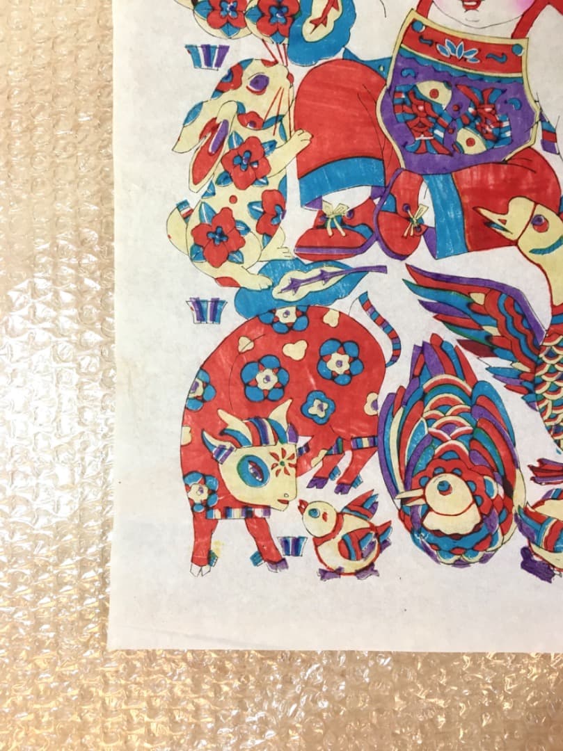 【縁起物】動物と少女の色鮮やかな版画　版画 中国 年画 春節 節句 旧正月