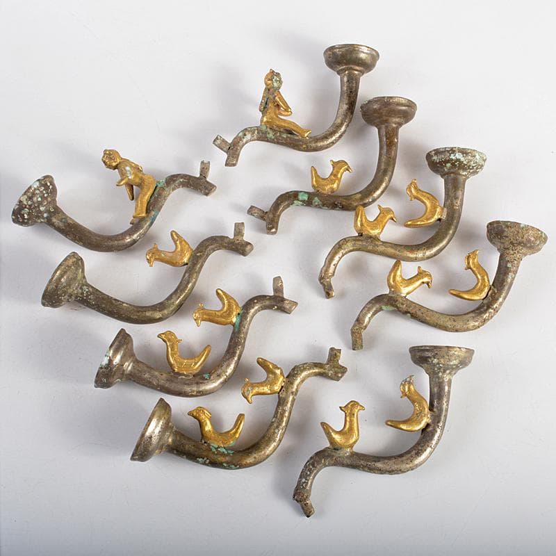 中国　古銅　金象嵌神獣人物文　燭台　蝋燭立　D　R5281B