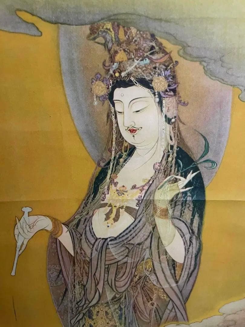 國寳 【狩野芳崖 悲母観音 】骨董品 アンティーク 日本 掛け軸 中国 美術品。