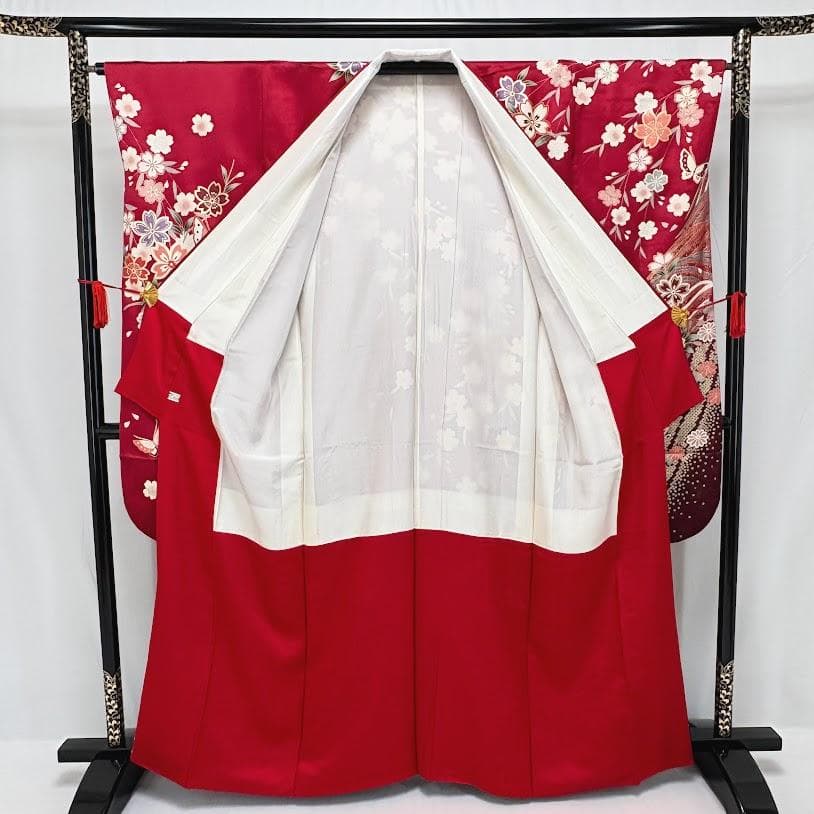 ゆりのはな　振袖　京友禅金彩加工　流水に蝶/さくら模様　赤色系　正絹　F306