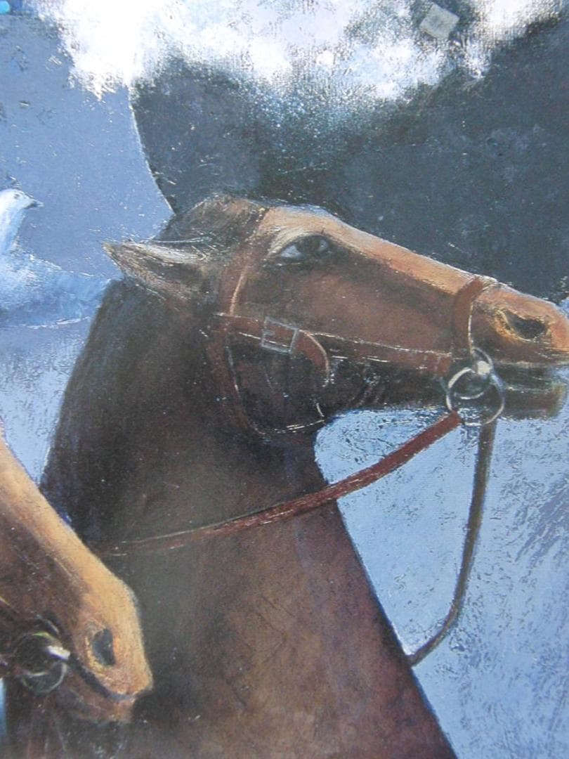 栗林今朝男、【騎乗近し】、希少な額装用画集より、新品額装付