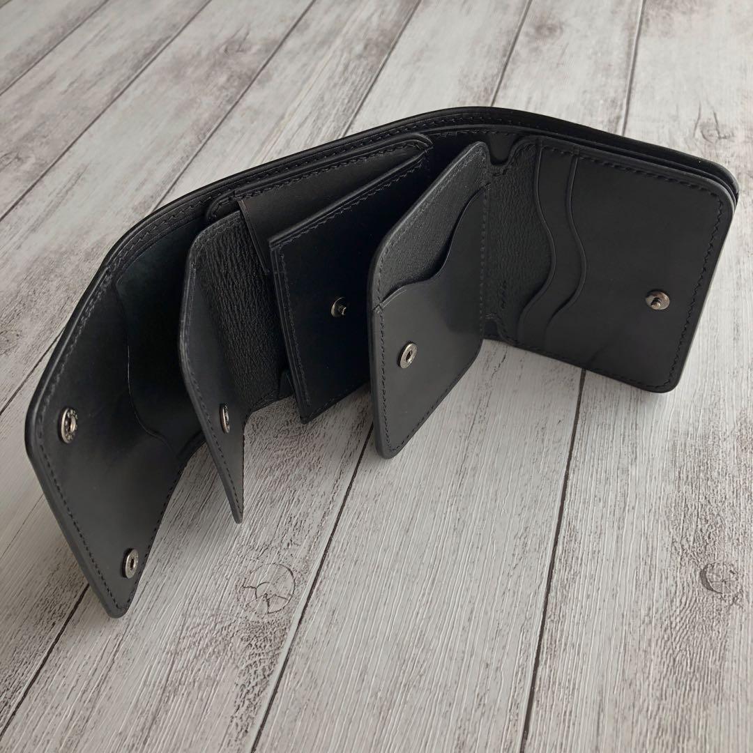 新喜皮革コードバン×サドルレザー 三つ折りミニウォレット 総手縫い ブラック