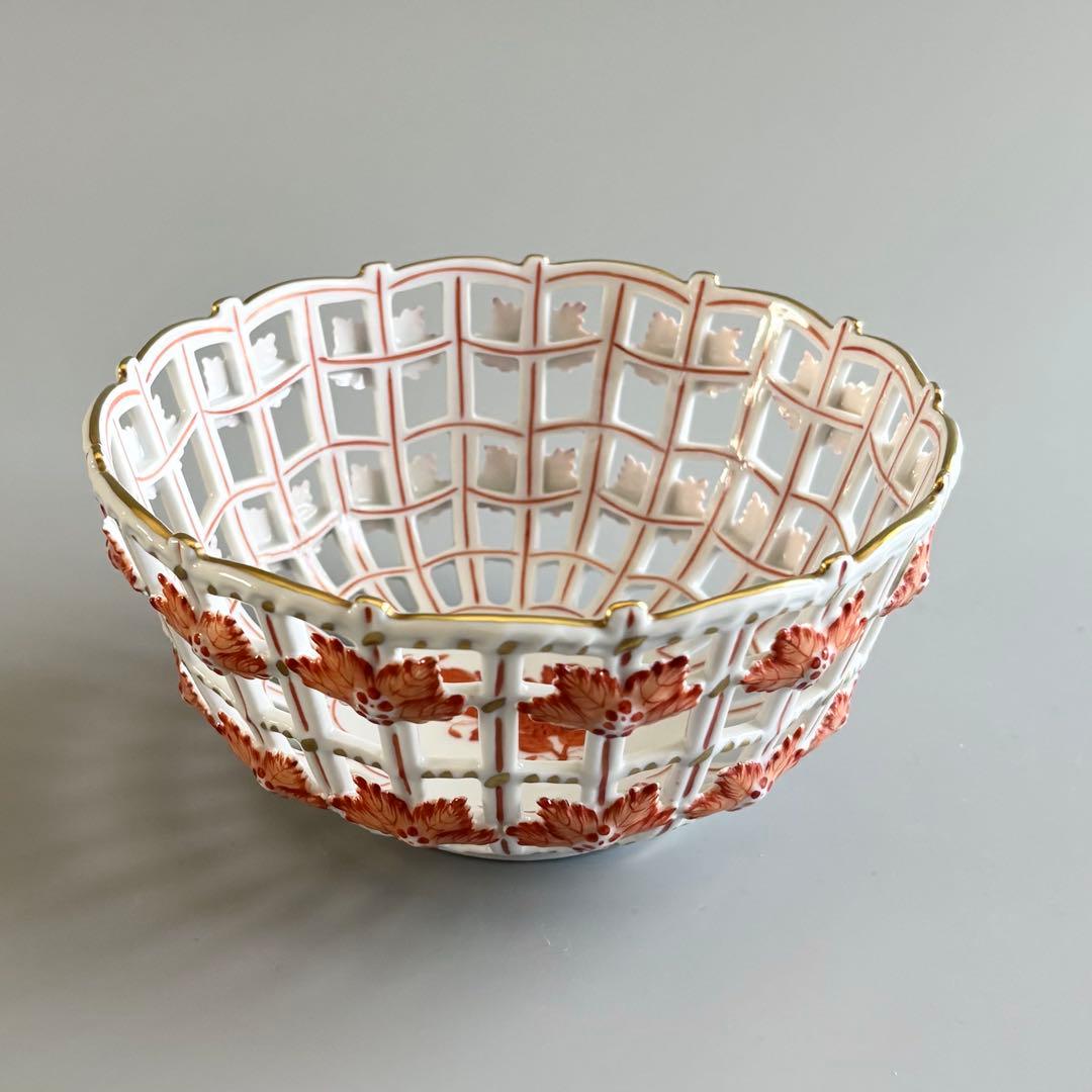 HEREND　ヘレンド　アポニーオレンジ　手描き　透かしバスケット【未使用】