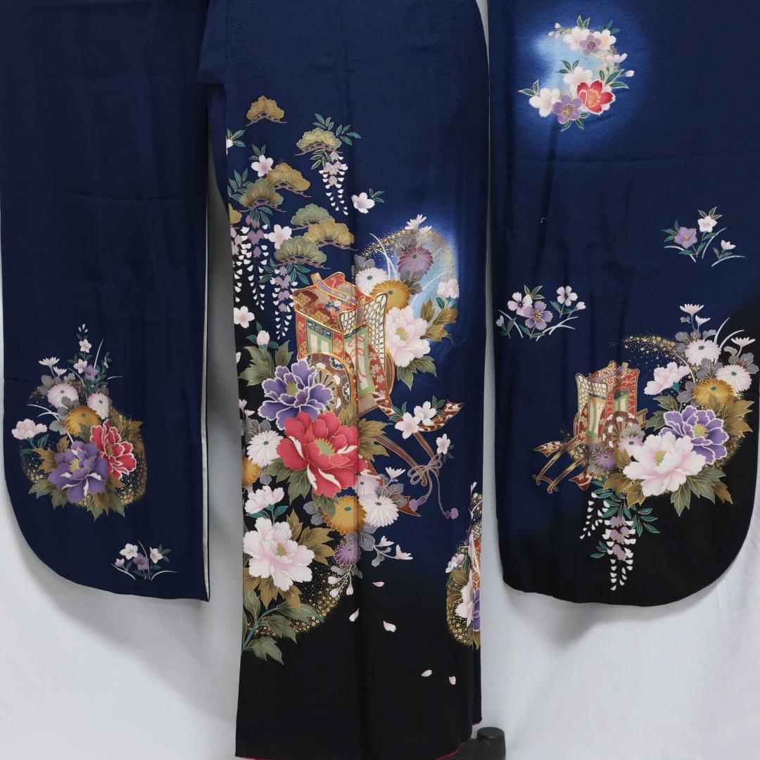 ◆ 振袖6点セット ◆丈169cmフルセット紺色成人式正絹前撮り卒業式40Am