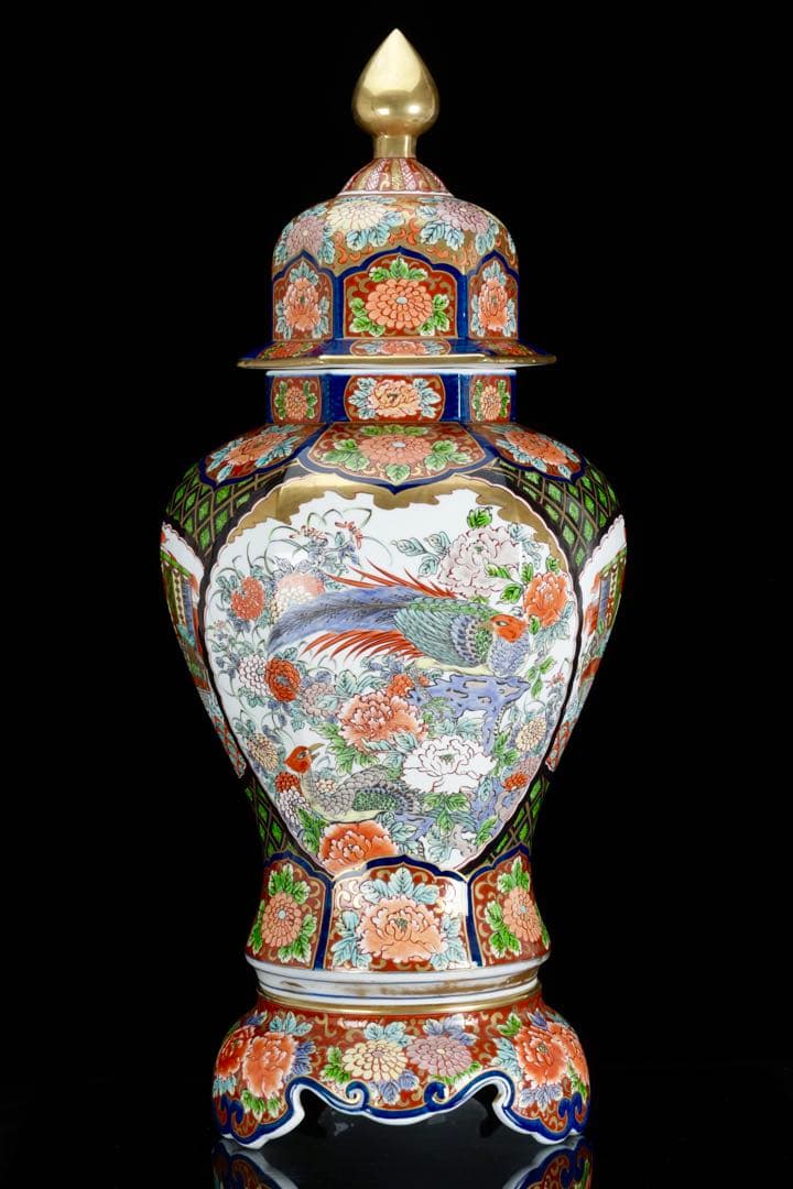 m*i様 有田焼 龍右衛門 染錦窓絵花鳥図 沈香壺 飾壺 三段壺 特大85㎝ 骨