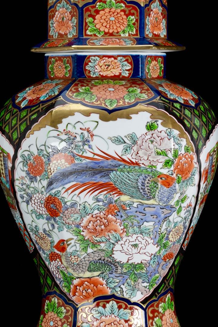 m*i様 有田焼 龍右衛門 染錦窓絵花鳥図 沈香壺 飾壺 三段壺 特大85㎝ 骨