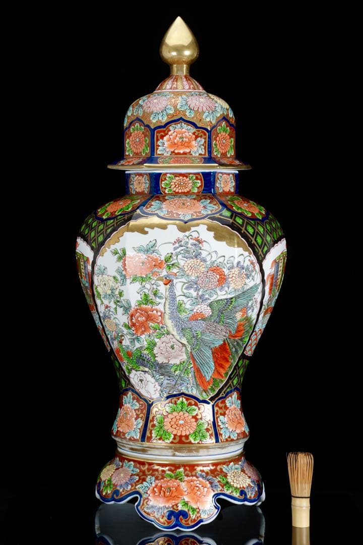 m*i様 有田焼 龍右衛門 染錦窓絵花鳥図 沈香壺 飾壺 三段壺 特大85㎝ 骨