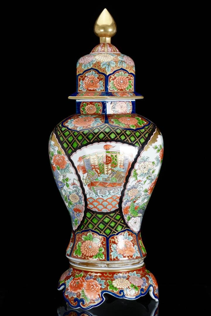 m*i様 有田焼 龍右衛門 染錦窓絵花鳥図 沈香壺 飾壺 三段壺 特大85㎝ 骨