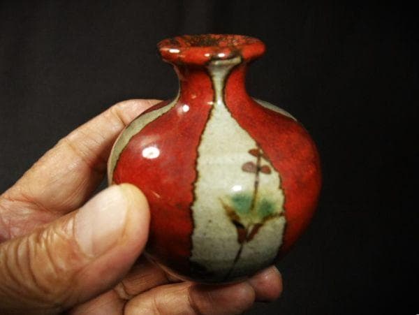 】油壷 赤絵の古い油壷 染付 草花文 一輪挿し 時代物 骨董品 古美術