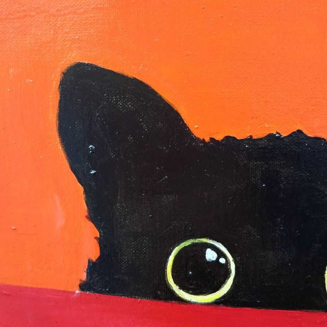 キャンバス油絵　よっこ  　何かを見ている猫