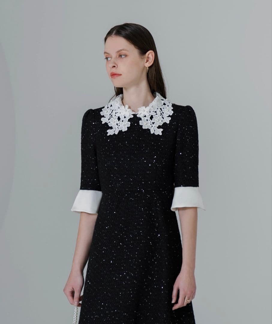 美品✨️Leja 花柄レースカラースパンコール刺繍Aラインフレアドレスワンピース