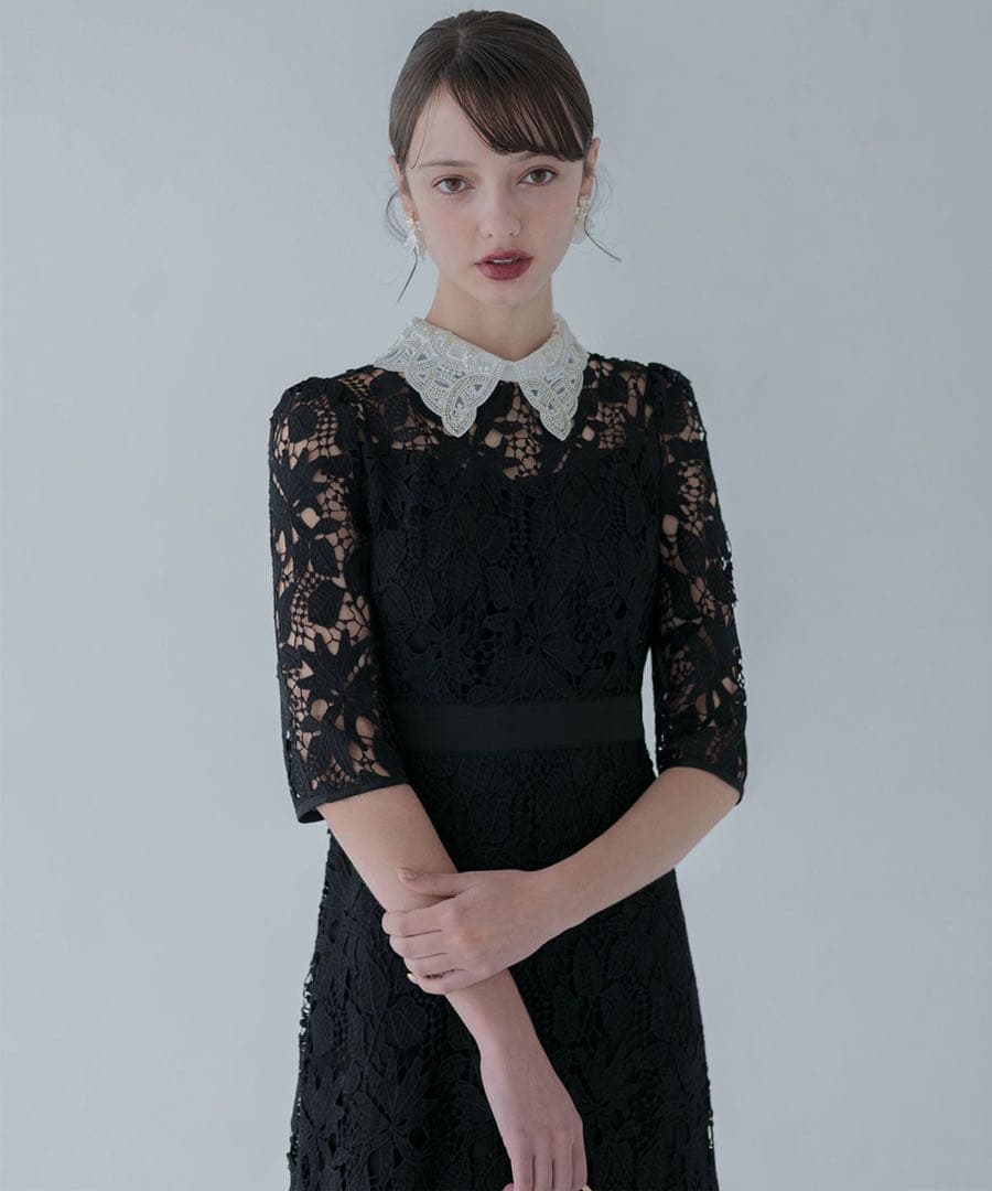 Leja 花柄レースビジューカラーAラインワンピースドレス