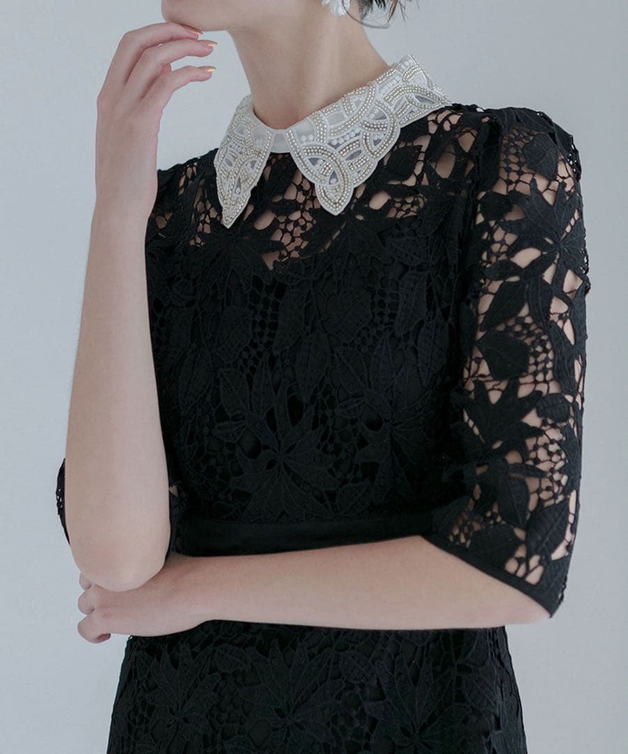 Leja 花柄レースビジューカラーAラインワンピースドレス