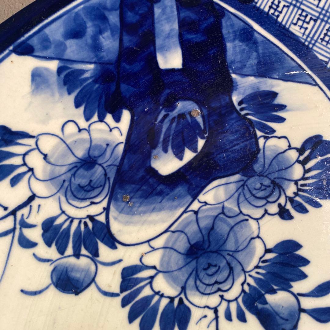 骨董品 古伊万里 40.5cm染付大皿 ベロ藍 山水画 花鳥文 江戸後期